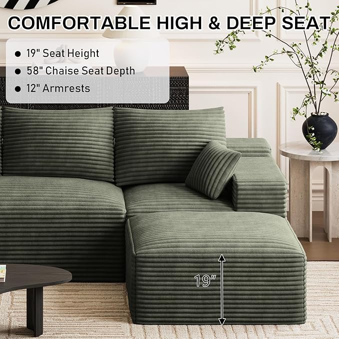 Modular Sectional Sofa Cloud Couch 108'' Comfy U Shaped Sectional Couches for Living Room Deep Seat Cozy Fluffy Corduroy Boneless Couch Sectionals Sofa with Movable Ottomanm Olive Green