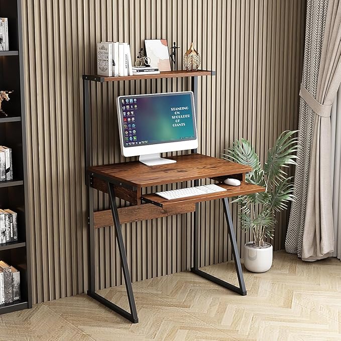 2-Tier Computer Desk with Keyboard Tray28 Inch Ladder Desk Home Office Writing Desk with Storage Hutch for Small Space Modern Writting Table (Brown)