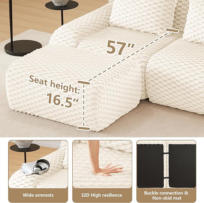 Cloud Sectional Couches for Living Room Boneless Couch Modular Sectional Sofa Modern Deep Seat Sofa with Pillows 4 Seater Comfy Floor Couch for Bedroom No Assembly RequiredWhite