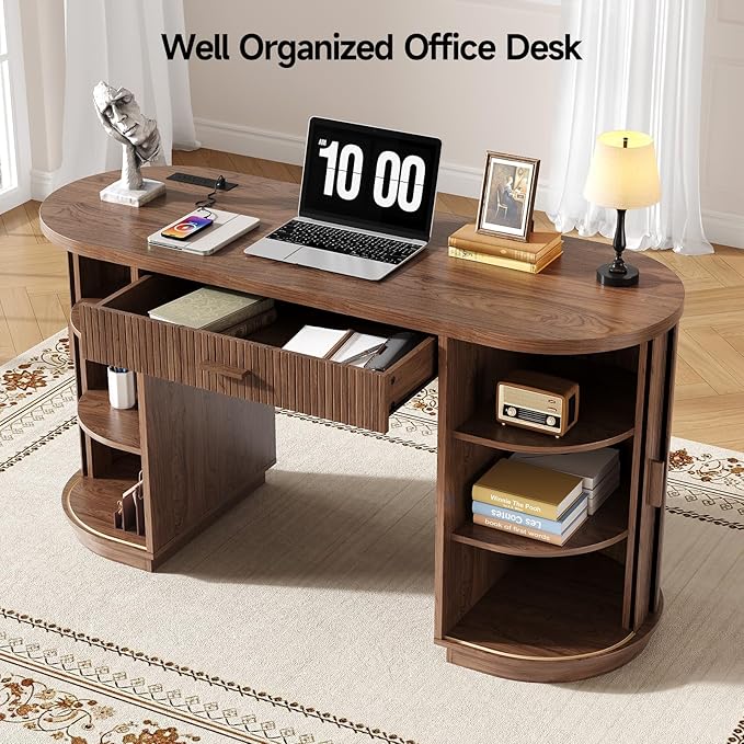 ONBRILL 58 Inch Fluted Executive Desk with Drawers Large Computer Desks with Storage Mid Century Modern Office Desk with Charging Station for Home Office Living Room Bedroom (Walnut)