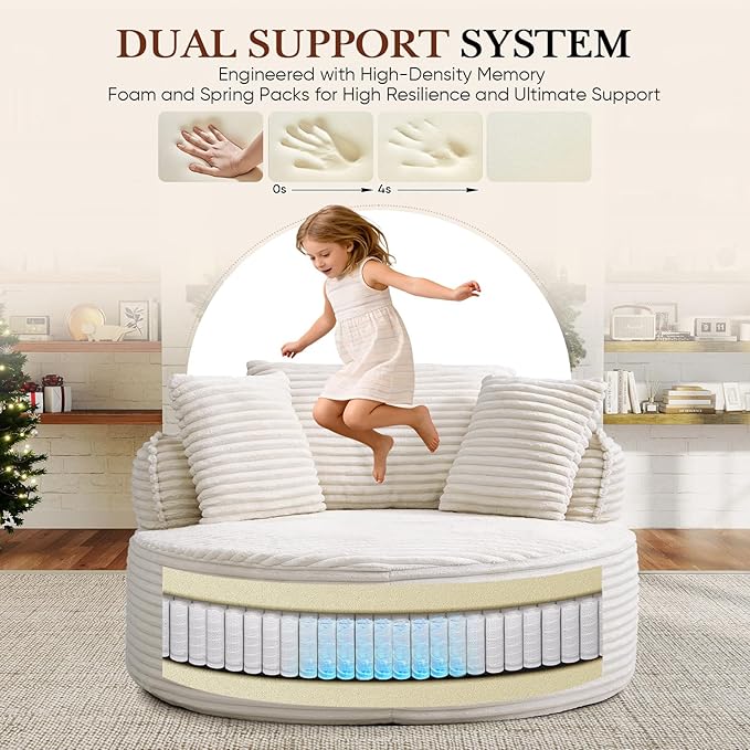 Antetek 53-inch Round Chaise Lounge Chair Indoor Modern Cloud Single Corduroy Couch with 3 Pillows Boneless Compressed Memory Foam Sofa Chair for Living Room Bedroom Apartment Beige