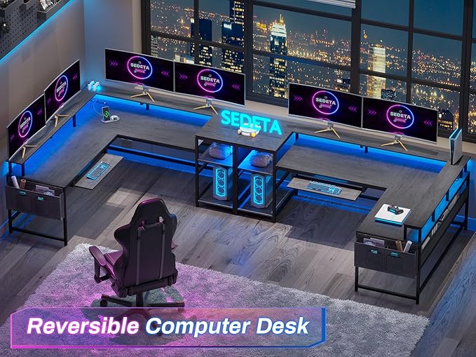 SEDETA L Shaped Gaming Desk Convertible 96 Home Office Desk or Corner Desk L Shaped Table with Power Outlets &amp LED Strip Monitor Stand Keyboard Tray Pegboard and Storage Shelves Grey