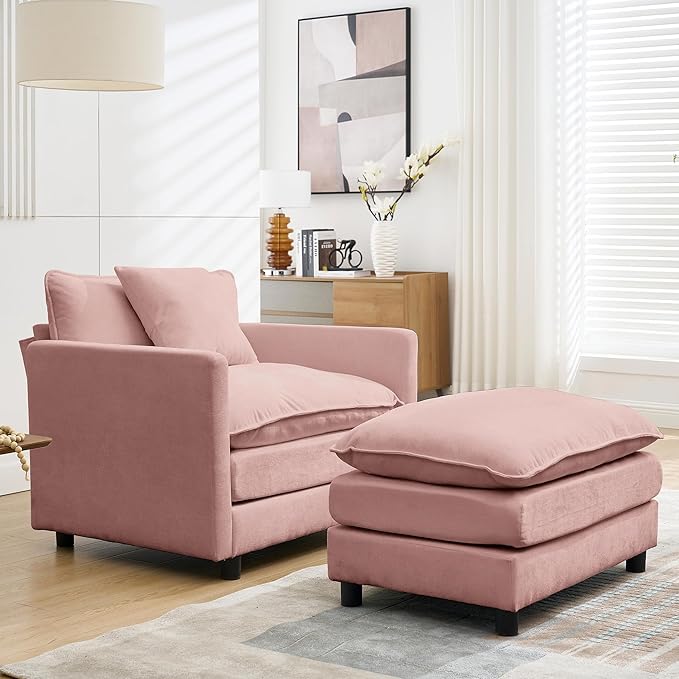 Oversized Chair with Ottoman Chenille Upholstered Deep Seat Couch Armchair 40.16'' Comfy Chaise Lounge Indoor with Thick Cushion for Living Room (Pink 40.16'' Single Seat Sofa &amp 1 Ottoman)