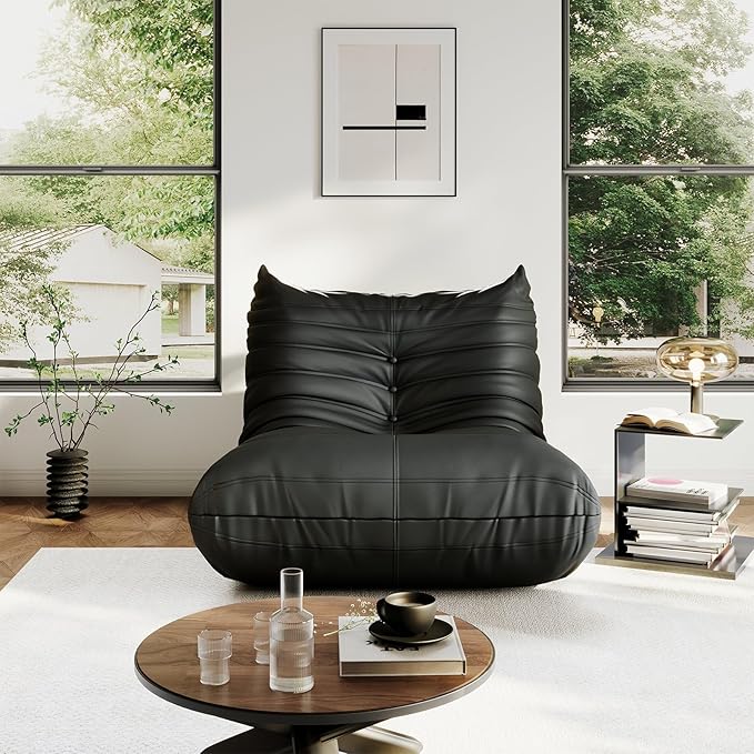 Lazy Floor SofaSingle Seat Fireside ChairBig Bean Bag Chair with Memory Foam Filled for Living RoomBlack