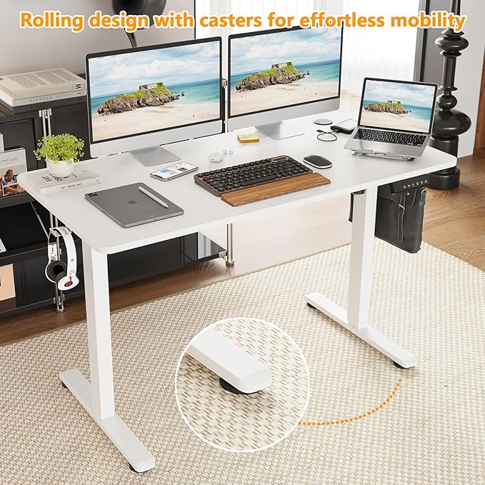 48x24 Inches Electric Standing Desk Adjustable Height Wooden Sit Stand Desk Electric Capacity 300lbs Sit to Stand up Standing Computer Desk with Hooks for Home Office (White 48x24 Inches)
