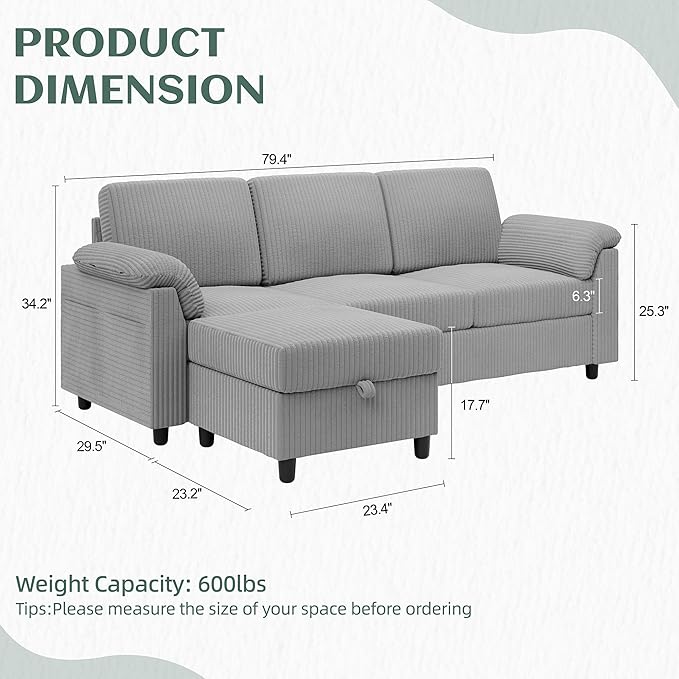 Vongrasig Convertible Sectional Couches Sofa 3 Seat L Shaped Sofa with Removable Pillows Soft Corduroy Fabric Small Couch Mid Century for Living Room Bed Room Apartment and Office (Light Grey)