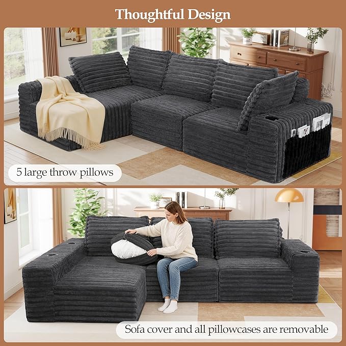 Cloud Boneless Sofa Oversized Modular Sectional L-Shape Sofa with Chaise High Backrest Corduroy Fabric Couch with USB Charging Ports Cup Holders &amp Pillows for Living Room (Light Grey)
