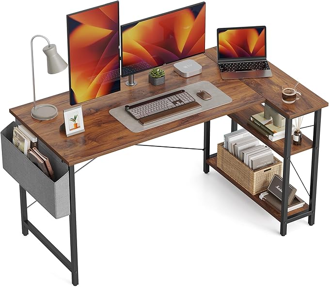 CubiCubi L Shaped Desk 55 Inch Computer Desk with Reversible Storage Shelves Home Office Corner Desk Study Writing Table Deep Brown