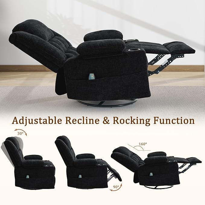Adult 360° Rotating Recliner with Massage and Heating Functions Cup Holder and Manual Tilt Mechanism Suitable for Living Room and Bedroom (Fabric Black)