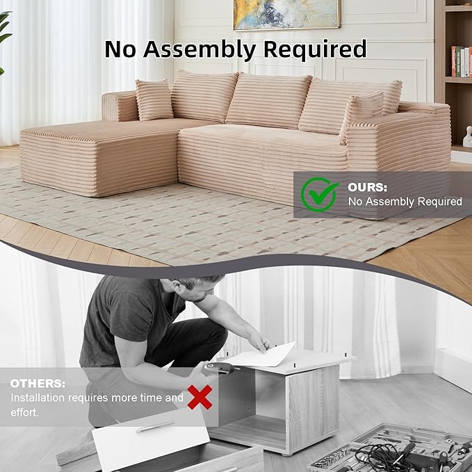 110” Cloud Sectional Couch Compressed Modular Sectional Sofa with Deep Seat Comfy Fluffy Boneless Couch with L-Shaped Chaise Minimalist Modular Sofa Sleeper for Living Room Beige