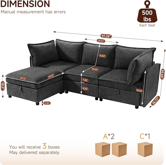 WorthFurni Modular Sectional Sofa Couches for Living Room Large Storage Couch with Washable Cover Comfy L Shaped Deep Seat Couch Set for Apartment Bedroom(4 Seater Dark Grey)