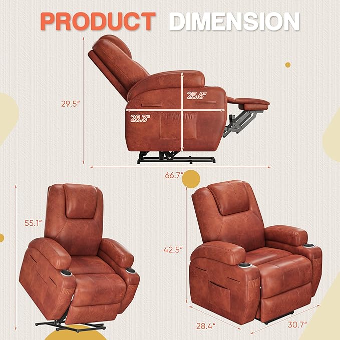 Furmax Electric Power Lift Recliner Chair with Massage for Elderly Corduroy Fabric Recliner Single Sofa with Cup Holders Side Pockets and Remote Control for Living Room Bedroom (Leathaire Brown)