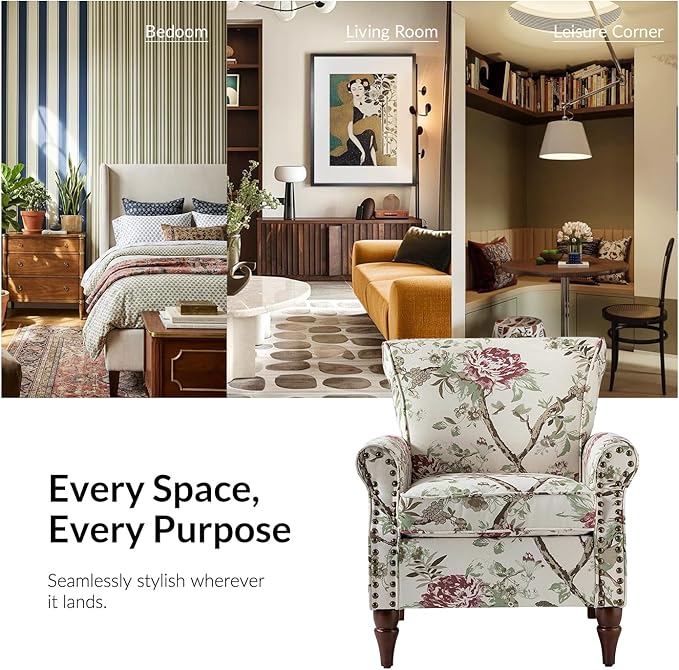 Wingback Accent Chair with Wood Legs Modern Comfy Upholstered Armchair with Removable Cushion and Nailhead Trim Floral Pattern Single Sofa Reading Chair for Living Room Bedroom
