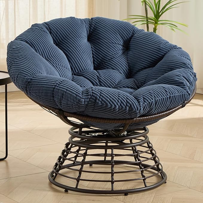 36” Papasan Chair with Cushion and Frame Oversized Papasan Chairs 360° Swivel Olefin Adjustable Feet Suitable for Living Room Patio Bedroom Indoor/Outdoor (Navy Blue)