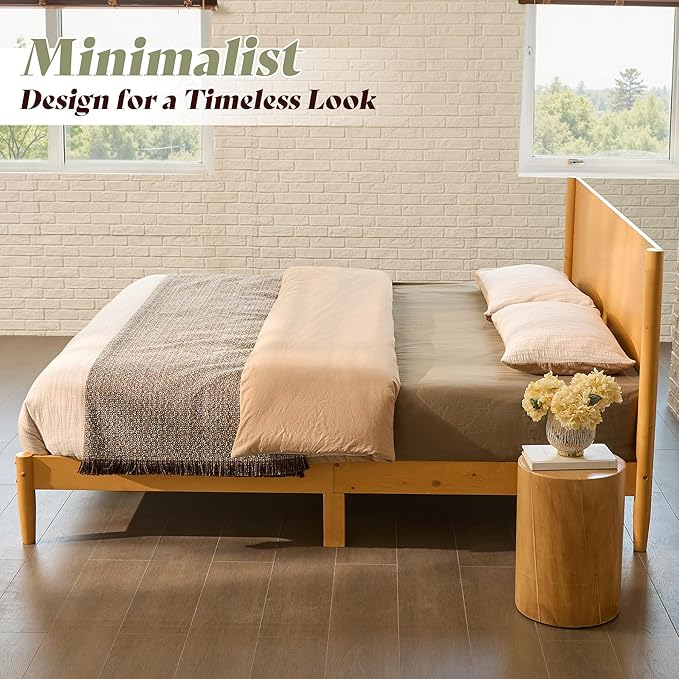 AMERLIFE Solid Wood King Size Bed Frame Mid Century Modern Platform Bed with Full Panel Headboard Noise-Free &amp Cylindrical Legs No Box Spring Needed Under-Bed Storage Natural Wood