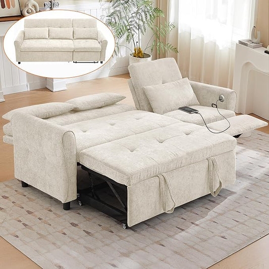 3 in 1 Convertible Pull Out Sofa Bed 82 Pull Out Couch Bed with USB&ampType-C Ports Corduroy Sleeper Sofa Reversible Chaise Recliner for Small Spaces Living Room Apartment Office (Beige 82)