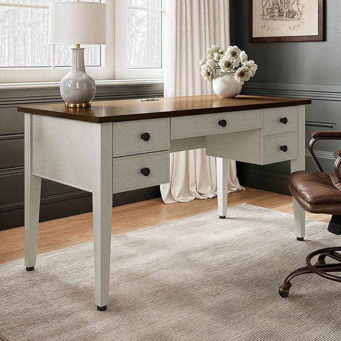 EUREKA ERGONOMIC Farmhouse Writing Desk 55 Executive Office Desk with 3 DrawersKeyboard TrayMid-Century Modern Computer Desk w Solid Wood LegsBirch FinishAntique White