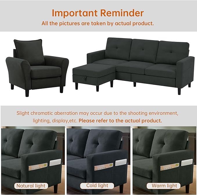 2PCS Sectional Couch Set 3 Seat Sofa and Chair Set with Side Pockets &amp Movable Storage Ottoman Modern Convertible Fabric Corner Lliving Room/Office Sofa Set (3+1Seat/ Black)
