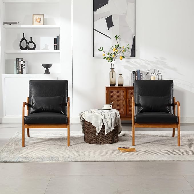 Modern Accent Chair Solid Wood Padding Lounge Armchairs with One Pillow for Living Room Bedroom Guest Room (Black PU)