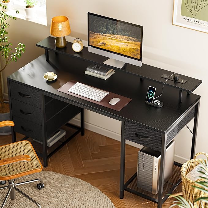 Huuger 55 inch Computer Desk with 4 Drawers Gaming Desk with LED Lights &amp Power Outlets Home Office Desk with Large Storage Space for Bedroom Work from Home Black