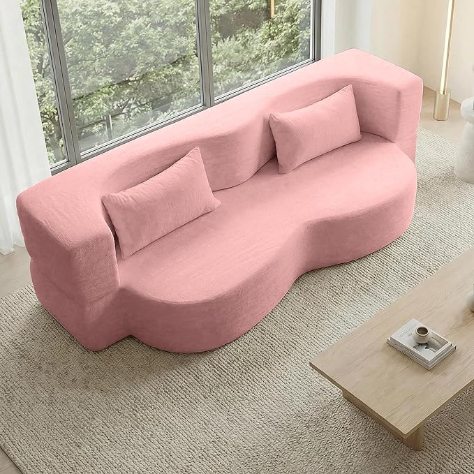 Modern Convertible Sleeper Sofa BedCompact Couch Loveseat Sofa Curved Seating Floor Couch Comfy Teddy Fabric SofaSoft Cloud Couch with Pillows for Apartment Living Room Bedroom (Pink)