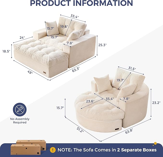 MAXYOYO Modular Sectional Chaise Lounge Sofa 2 Sets Upholstered Lounge Chair with Ottoman Comfy Round+ Square Couch with Layered Cushion Tufted Sleeper Chair for Living Room No Assembly Beige