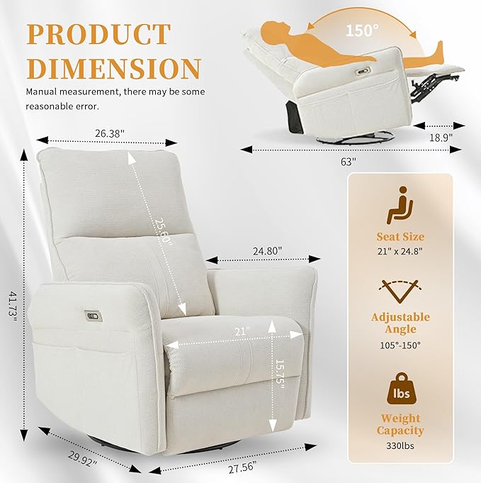 Power Swivel Rocker Recliner Chair for Nursery Upholstered Snowflake Velvet 270°Swivel Glider Rocker Chair with USB Ports Small Power Recliners for Small Spaces Living Room