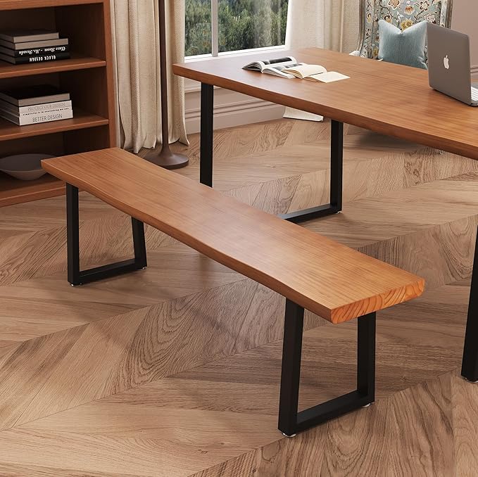 Solid Wood Top Bench with Metal Legs Durable Long Bench for Home Office Living Room Dining Room Versatile Multi Size Options Perfect Chair Stool Dining Bench Dining Chair (Light brown bench 62.99in)