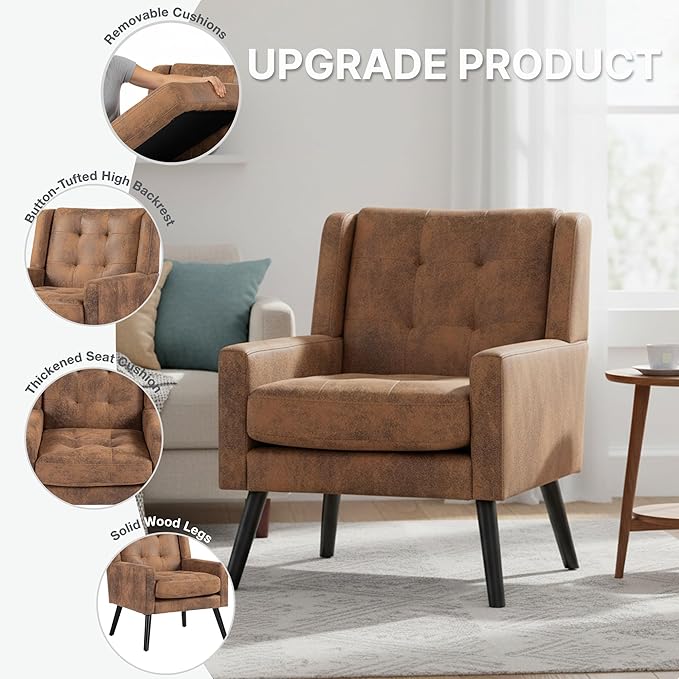 Mid-Century Modern Accent Chair Plush Suede Fabric with Button Tufted High Back &amp 5 Thick Cushion High Comfort Reading Chair for Living Room Bedroom Office (Brown)