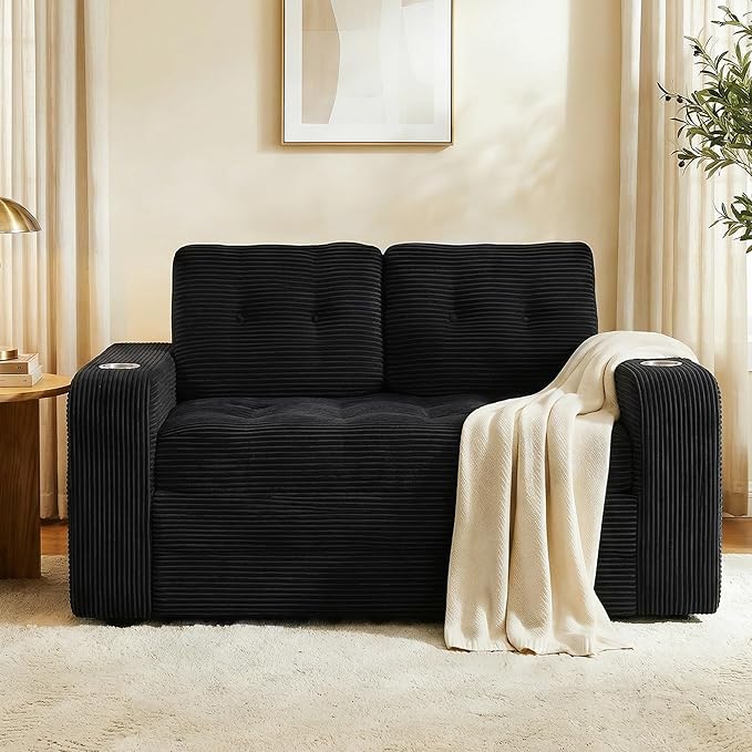 55 Futon Sofa Bed 4‑in‑1 Convertible Sofa Bed Folding Boneless Couches for Living Room Fold Out Small Foldable Loveseat Floor Sleeper Comfy Mattress Lounge Space‑Saving Black