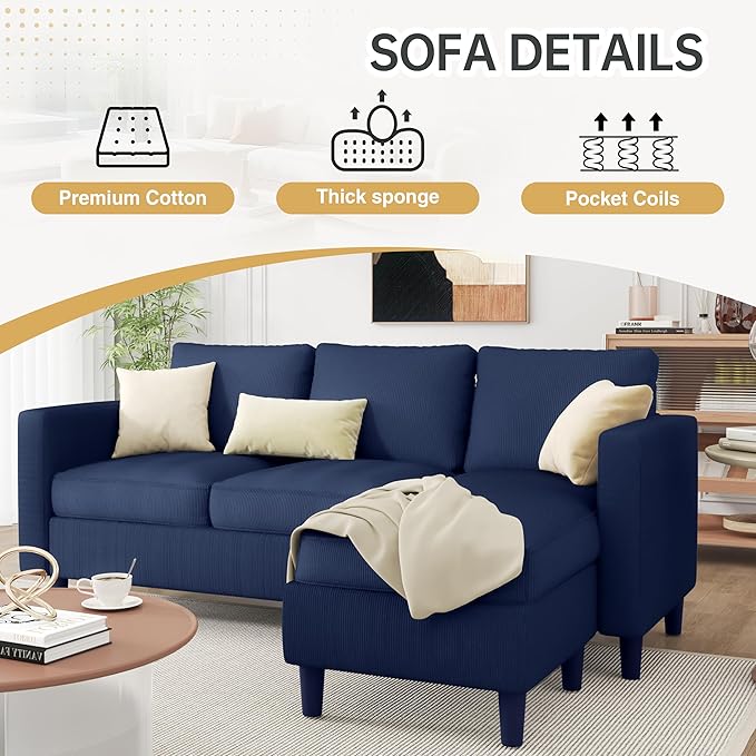 JAMFLY 3-Seat Convertible L-Shaped Sectional Sofa with Reversible Ottoman Upholstered Fabric Couch for Small Living Rooms Modern Modular Couch for Apartment Studio &amp Loft Blue