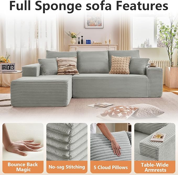 96 Modular Sectional Sofa Modern Corduroy Cloud Couch with Deep Seat Boneless Couch Upholstered 3-Seater L-Shaped Sofa for Living Room No Assembly Required (Light Gray Left-Facing Chaise)