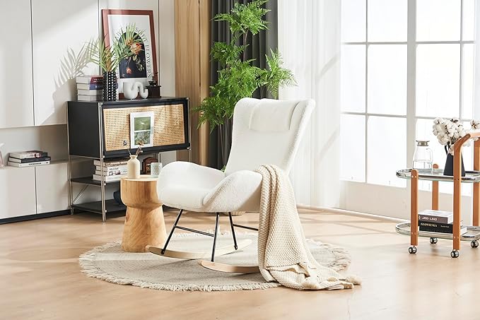 Rocking Chair Nursery Solid Wood Legs Reading Chair with Fabric Upholstered Nap Armchair for Living Rooms Bedrooms Offices Best GiftWhite Fabric