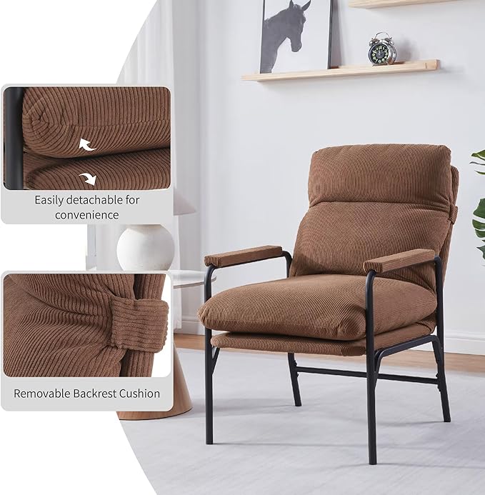 Softa Modern Accent Chair Reclining Chair with Adjustable Backrest Corduroy Chair with Metal Frame Comfy Lounge for Living Room Bedroom Office (Brown)