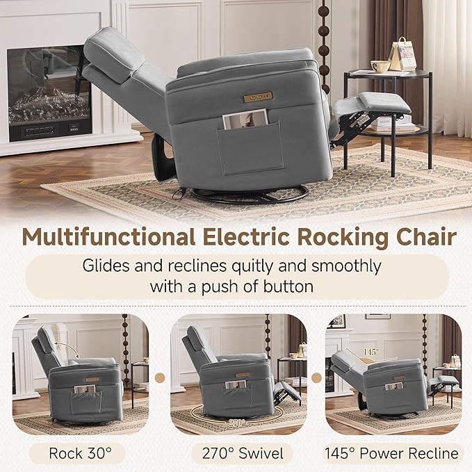 MELLCOM Power Recliner Rocking Chair Nursery Gliders with Adjustable Armrests and Headrest Swivel Electric Glider Reclining Nursing Chair with USB Port and Storage Bags FSC Certified