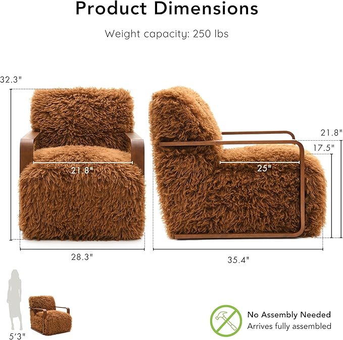 Furniture of America Ramos Modern Lounge Chair with Ultra Soft Faux Fur Long-Haired Accent Sofa Tight Seat and Back Single Couch Fluffy Living Room Seating No Assembly Needed Camel Brown