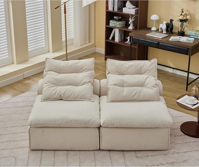 JUSTONE Modular Floor Sofa 2-Seater Armless Chair with Neck Pillow Soft Corduroy Fabric for Living Room Apartment Guest Room Beige