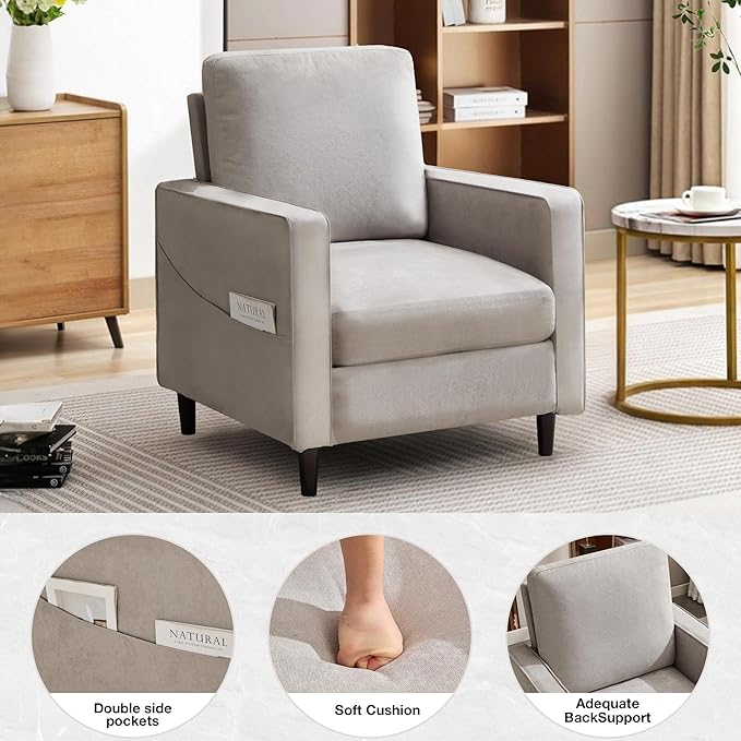 Mid Century Accent ChairModern Linen Fabric Armchair for Living RoomDouble Side Pockets Comfortable and Padded Reading Feature Sofa Chair Suitable for bedrooms Living Rooms and Offices1 Pcs