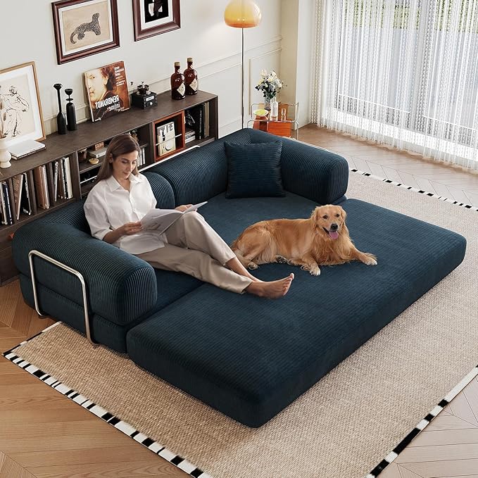 78.8'' Convertible Sofa Bed Boneless Couch in a Box Modular Corduroy Comfy Foldable Sleeper Compression Sofa Loveseat Couches for Living Room (Blue 78.8 inch)
