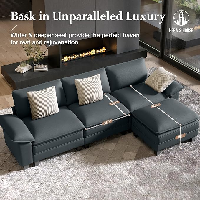 HERA'S HOUSE 124 Modular Sectional Sofa Oversized U Shaped Couches for Living Room Comfy Cloud Couch with Ottoman 5-Seater Deep Seat Sofa with Throw Pillow Chenille Blue