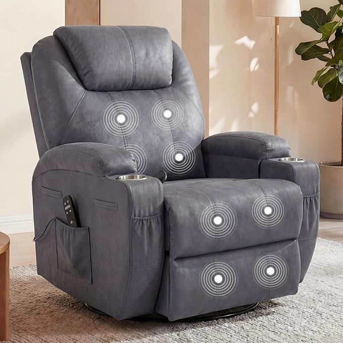 Flamaker Swivel Rocker Recliner for Adults 360 Glider Rocking Chair with Vibration Massage Upholstered Recliner Chair with 2 Cup Holders &amp Side Pockets for Living Room Nursery (Leathaire Grey)