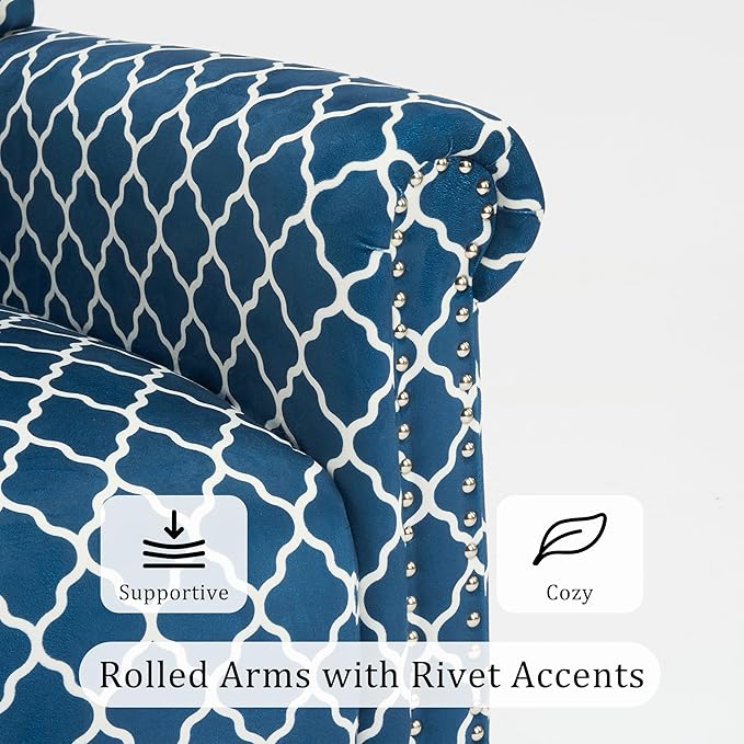 Modern Plaid Accent Chair Mid-Century Upholstered Wingback Armchair Club Sofa Chair with Wooden Legs Living Room Chair for Bedroom Balcony Lounge (Blue Check)