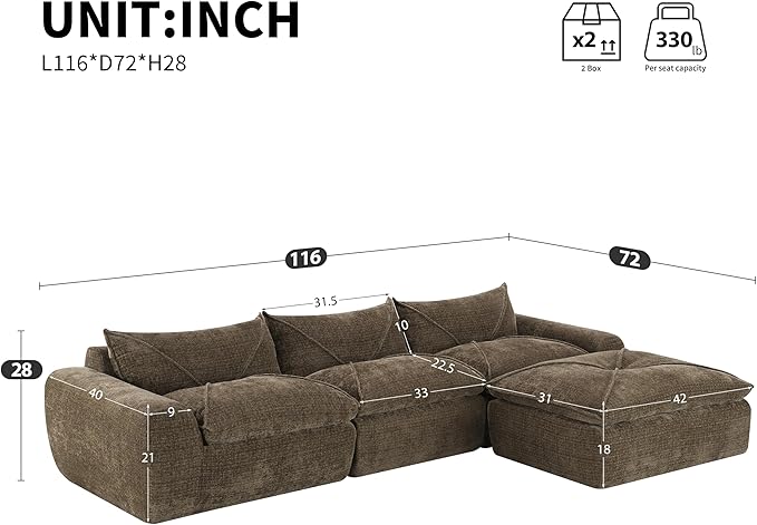 116 Modular Cloud Sectional Sofa with Movable OttomanCompressed Foam Boneless Couch Chenille FabricUpholstered Couches for Living Room BedroomNo Assembly RequiredCocoa Brown