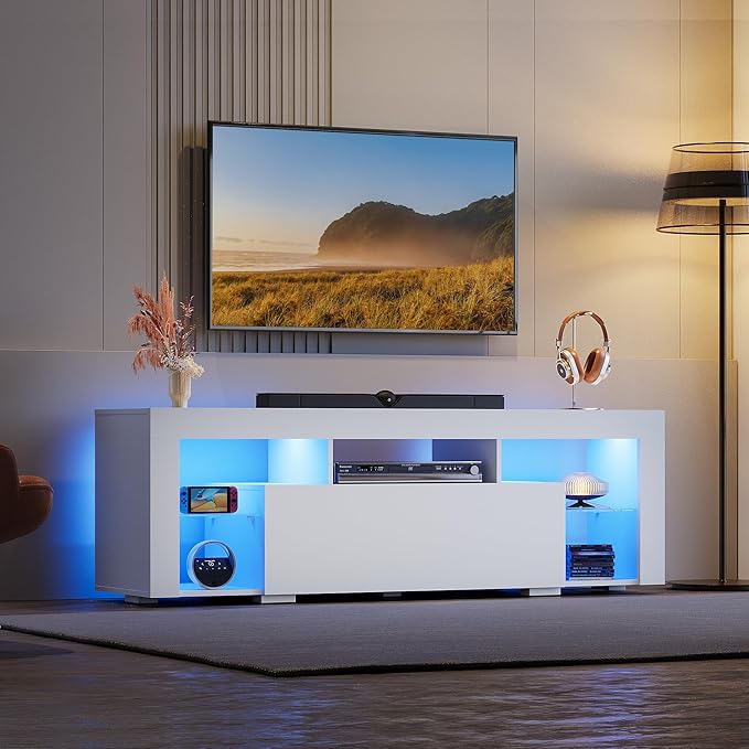 WLIVE TV Stand with LED Lights &amp 2 Large Storage Drawers Modern Entertainment Center for 32/43/50/55/60 Inchs TVs Sturdy TV Console for Living Room Bedroom(White)