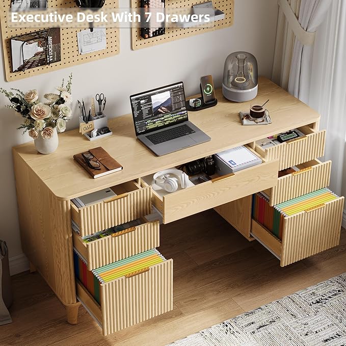 55.1 Fluted Executive Desk with Drawers Wood Computer Desk with Storage Cabinet Home Office Desk with Charging Station Farmhouse Desk with File Cabinet for Office Home