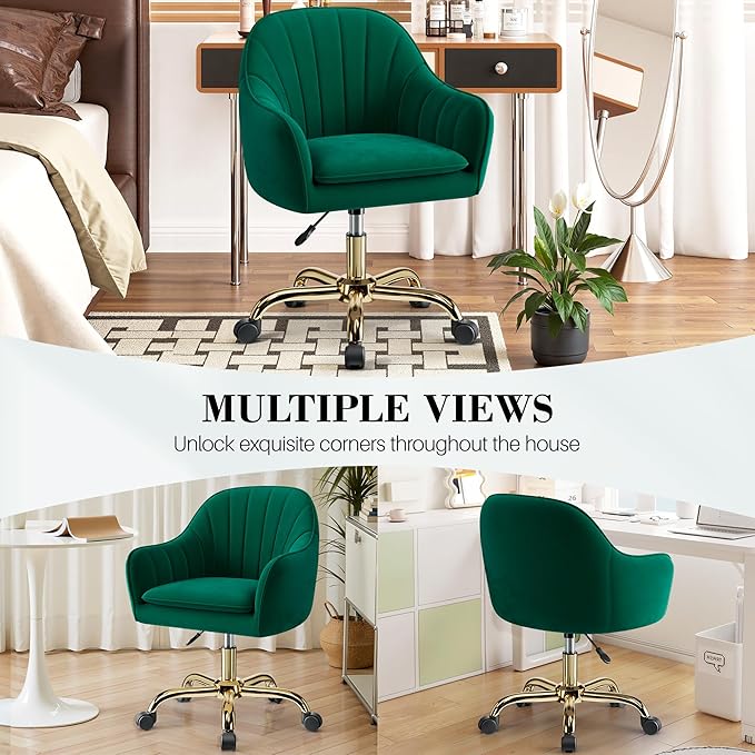 Vanity Chair with Wheels Comfy Home Office Desk Chairs Adjustable Modern Velvet Makeup Vanity Chairs for Bedroom Living Room-Green