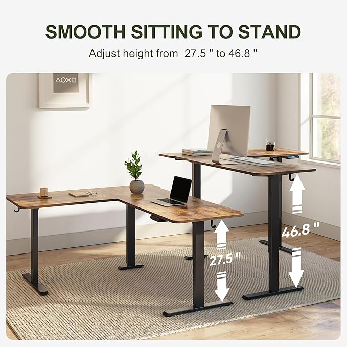 BANTI L-Shaped Standing Desk - 63 x 55 Inch Adjustable Corner Standing Desk with Charging Station - L Shape Sit Stand Table with Memory Controller Splice Board for Home Office Rustic Brown