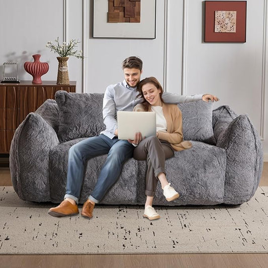 Compressed Sofa Couch in a Box 75” Beige Plush Floor Sofa Couch with Memory Foam for Bedroom Apartment Comfy Upholstered Foam Loveseat with Curved Armrest No Assembly (Grey)