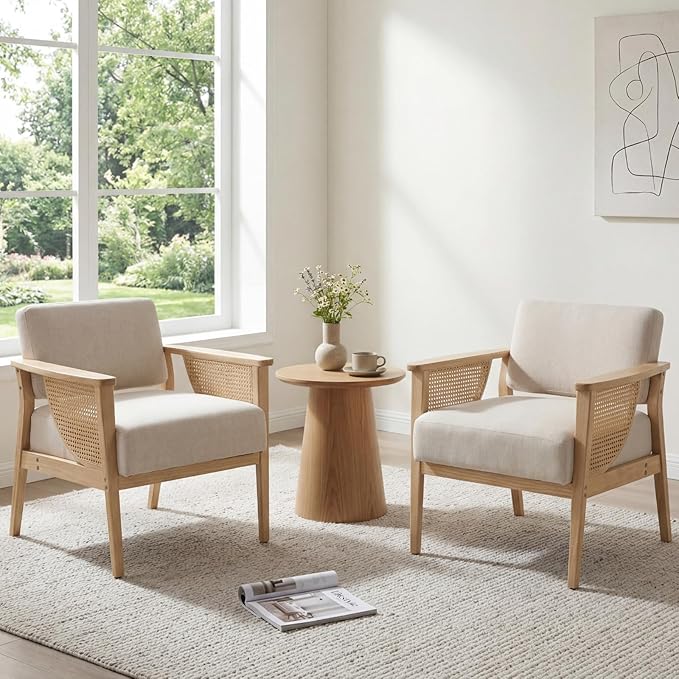 Mid Century Modern Accent Chair Set of 2 Rattan Armchair with Wood Legs Living Room Chair Linen Upholstered Lounge Chair for Bedroom Reading Room Beige