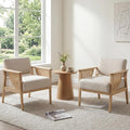 Mid Century Modern Accent Chair Set of 2 Rattan Armchair with Wood Legs Living Room Chair Linen Upholstered Lounge Chair for Bedroom Reading Room Beige